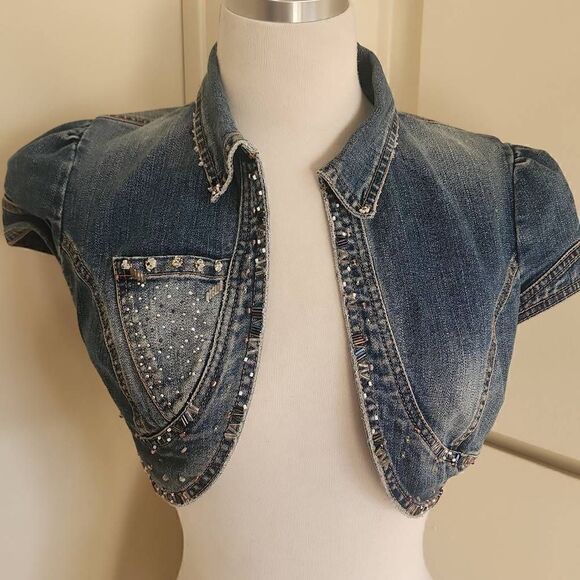 twentyone 21 upcycled Denim Bolero Jacket, Cropped, Embellished, S - Picture 1 of 6